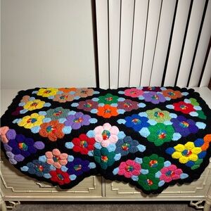 Puff Flower Granny Square Blanket Wall Hanging  Colorful Floral Crochet